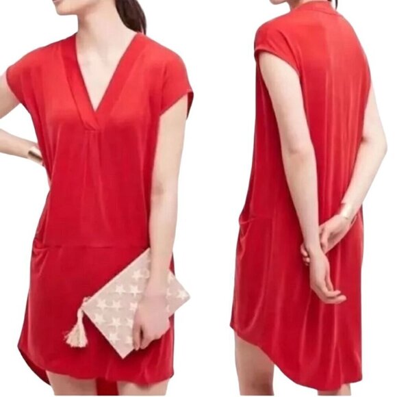 Anthropologie Dolan Left Coast Lola Cocoon Red Tunic Dress V Neck Size XS - Picture 4 of 7